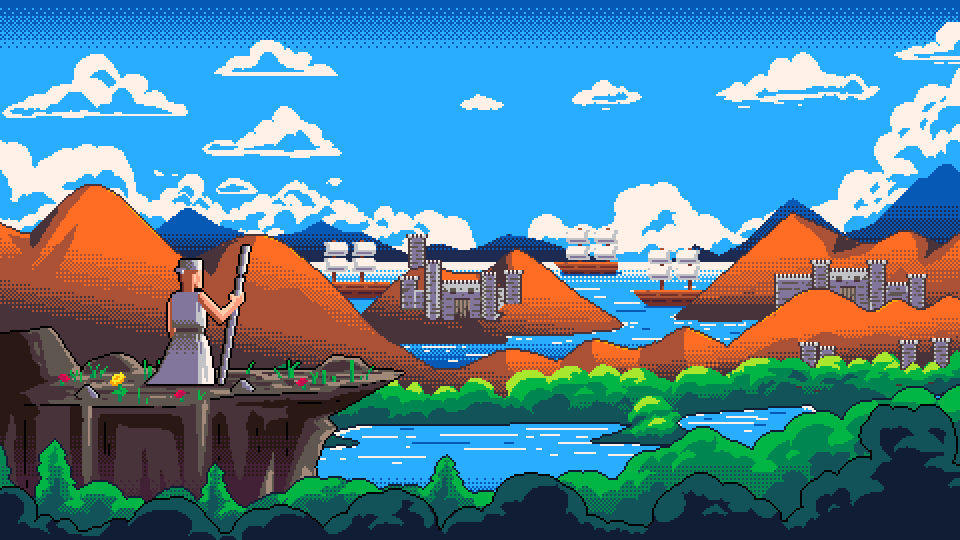 A traveller with a staff looks out from a cliff over a lake, castles and ships.